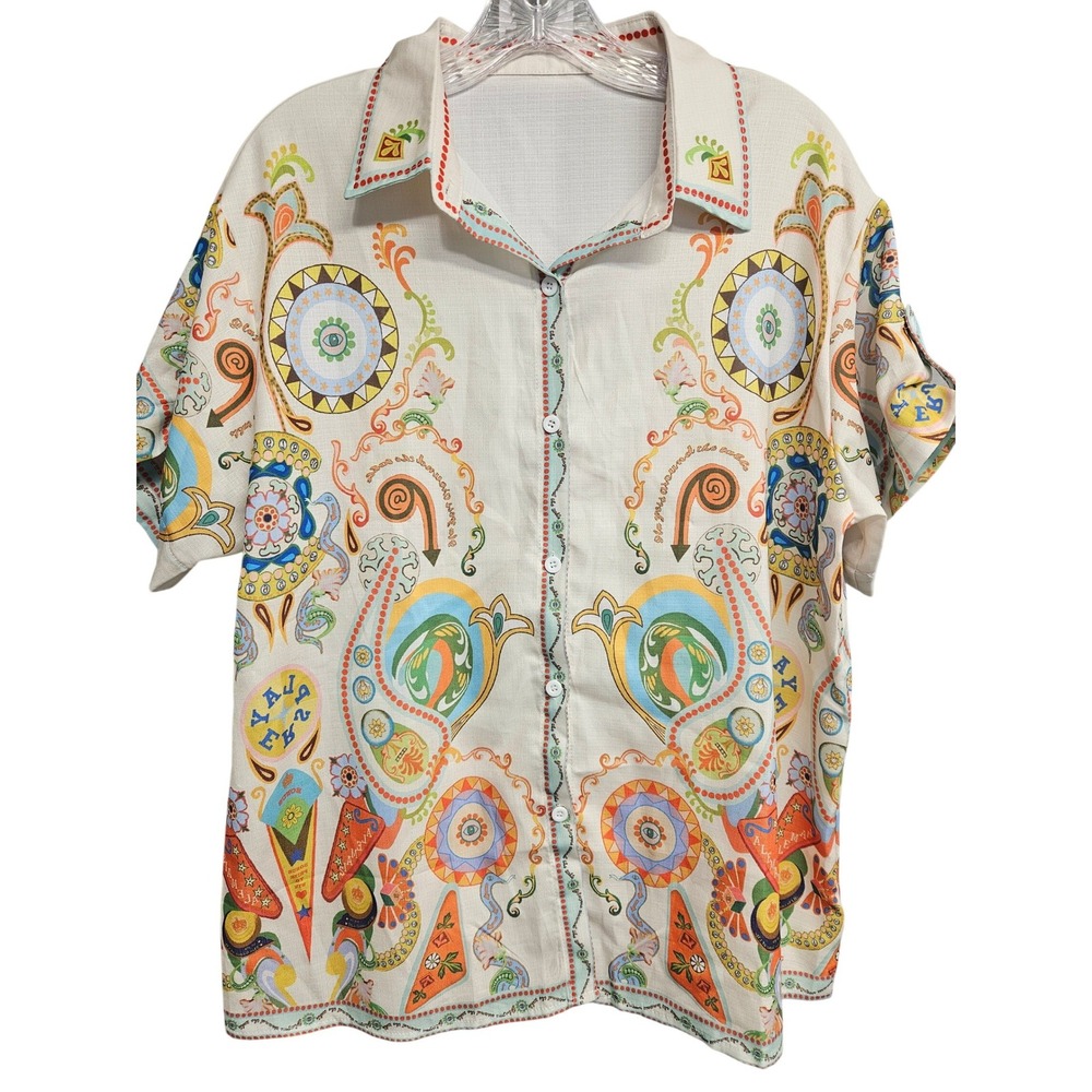 Womens Cream Psychedelic Paisley Print Short Sleeve Button Down Shirt Large